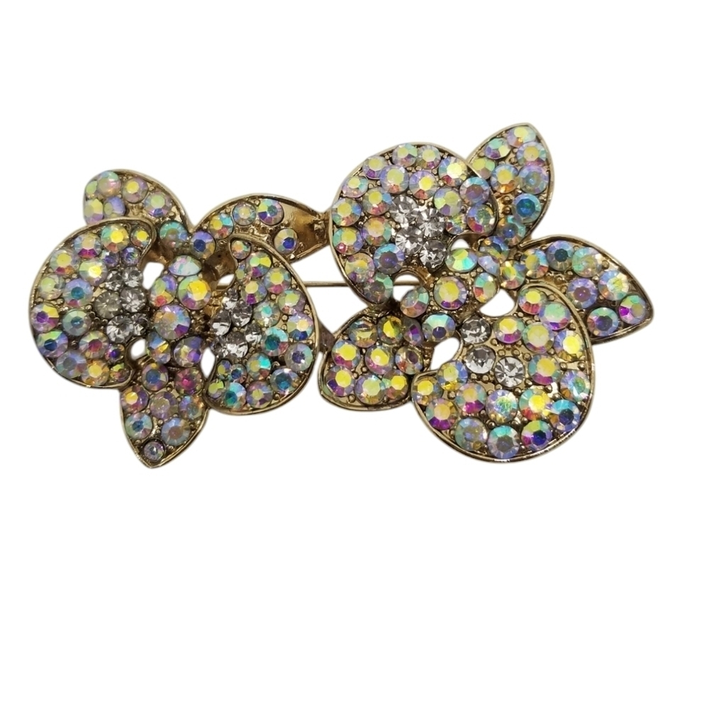 GOLDTONE & AURORA BOREALIS CRYSTAL FLORAL DESIGN STATEMENT BROOCH /PENDANT